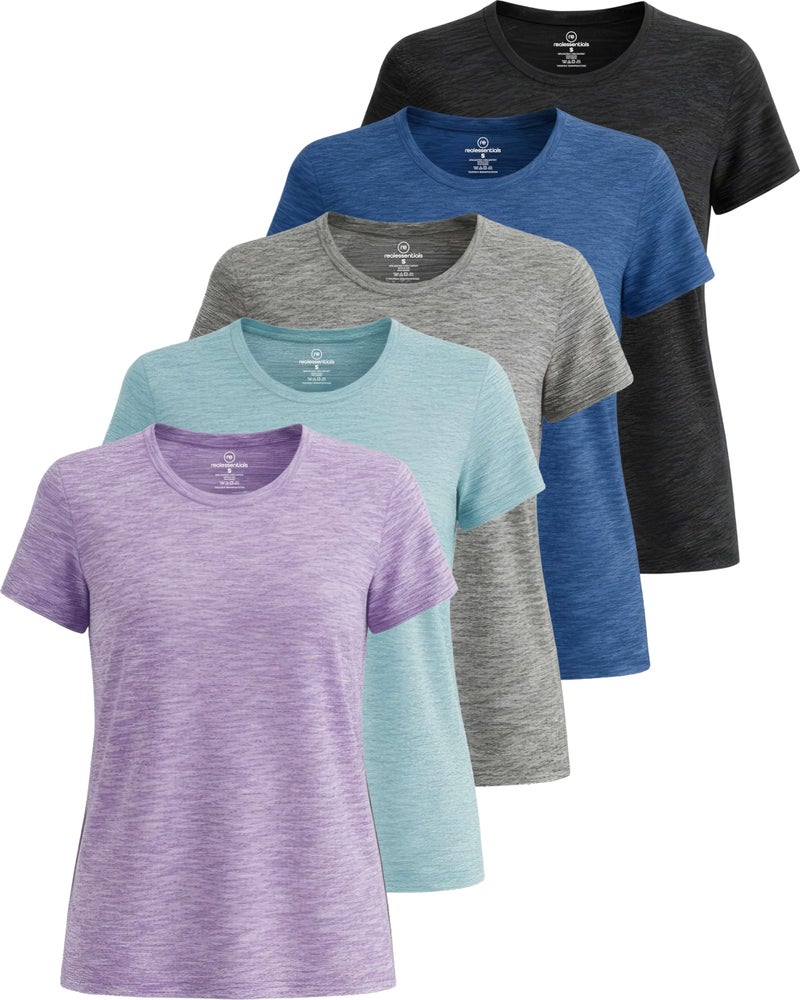 REALESSENTIALS Real Essentials 5 Pack: Women's Short Sleeve T-Shirts Workout Tops Fitness Pilates Gym Activewear Athletic (Plus Available), Set 1, L, Pack of 5 - Image 1